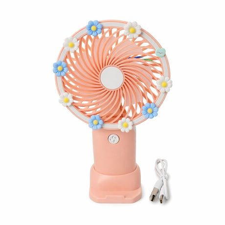 Ventilator portabil mini cu suport, USB, 3 viteze, design floral, somon