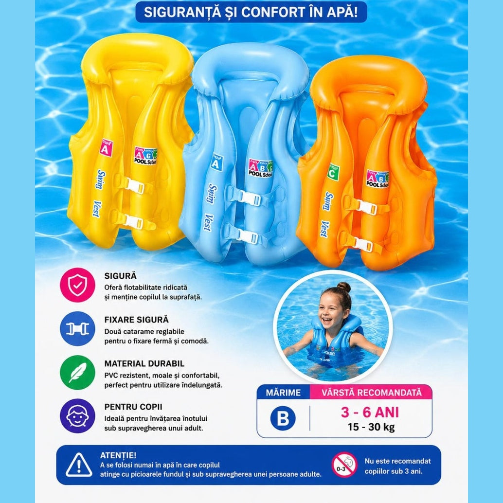 Vesta gonflabila inot copii 20–30 kg albastru, marime B, pentru piscina si mare