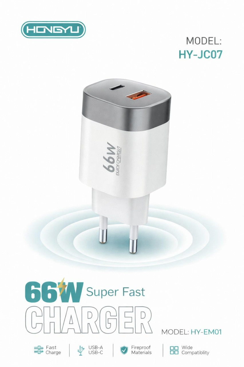 Adaptor priză Hongyu HY-JC07 / HY-EM01, 66W, USB-A + USB-C, Alb