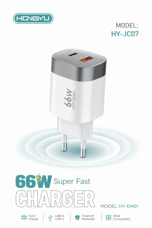 Adaptor priză Hongyu HY-JC07 / HY-EM01, 66W, USB-A + USB-C, Alb