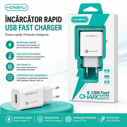 Adaptor Telefon USB Fast Charger Quick Charge 3.0 – Încărcare Rapidă și Protecție Inteligentă