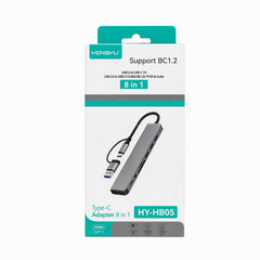 Adaptor USB Type-C 8 în 1 HY-HB05 – Hub USB-C cu USB 3.0, Cititor Card TF/SD și Jack Audio