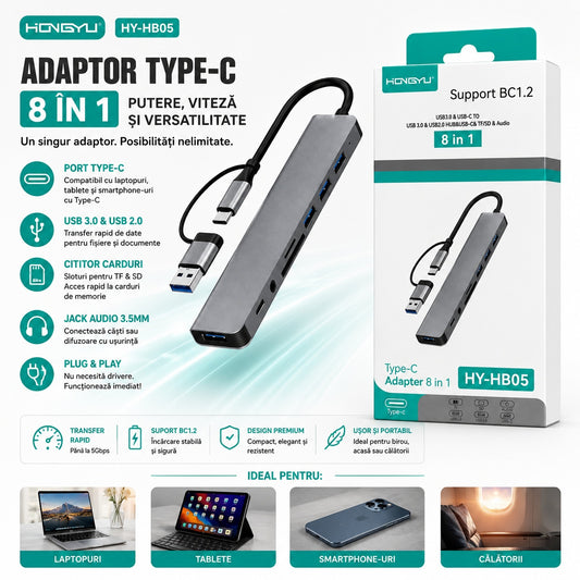 Adaptor USB Type-C 8 în 1 HY-HB05 – Hub USB-C cu USB 3.0, Cititor Card TF/SD și Jack Audio