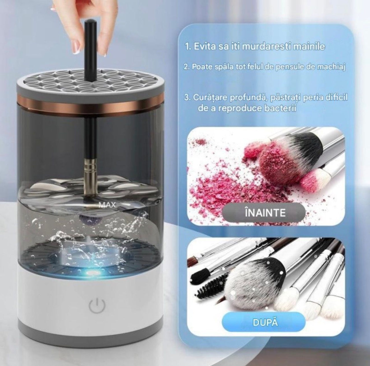 Aparat electric curatare pensule machiaj USB, dispozitiv automat cu recipient fumuriu