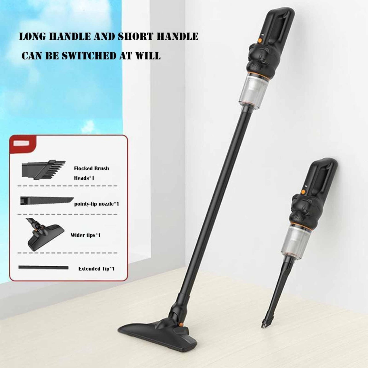 Aspirator vertical fara fir 2 in 1, puternic, portabil, cu accesorii, negru