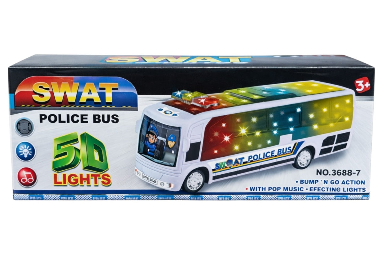 Autobuz de politie cu lumini 5D si sunete, bump and go, multicolor