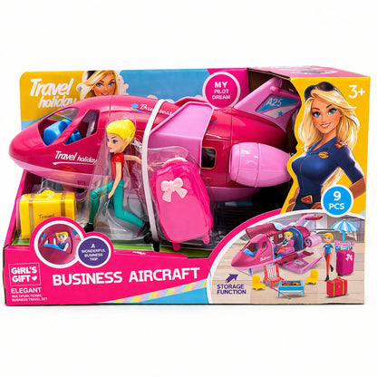 Avion jucarie roz cu papusa si accesorii travel, set interactiv 29x17 cm