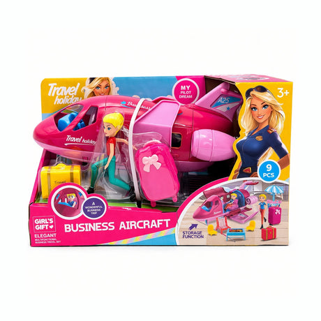 Avion jucarie roz cu papusa si accesorii travel, set interactiv 29x17 cm