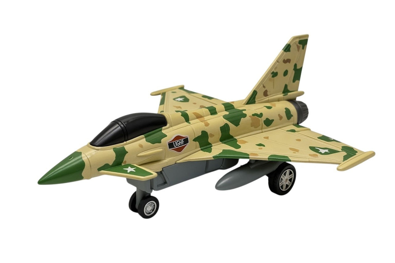 Avion militar de metal camuflaj cu efect de aburi , model metalic pentru copii 3+
