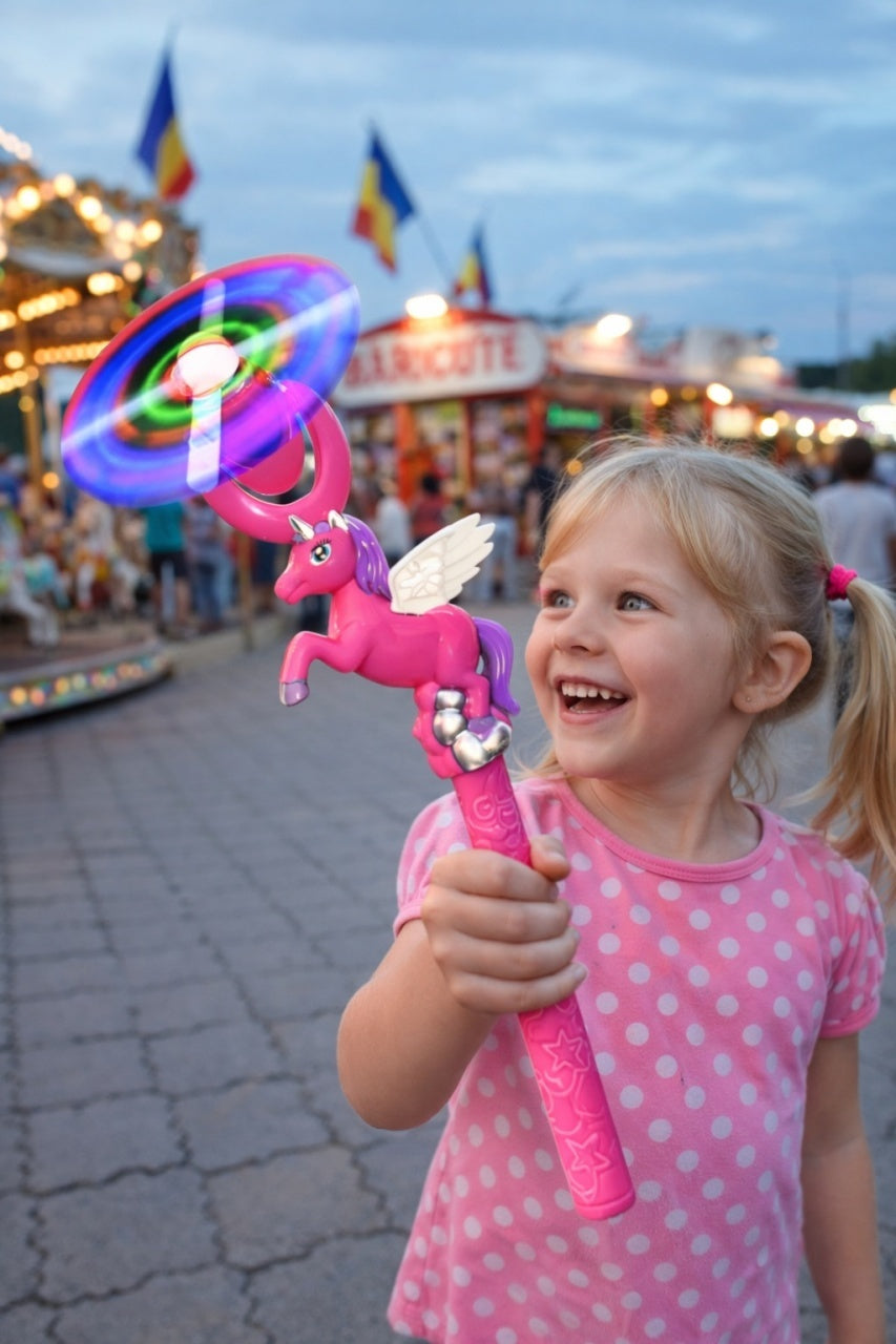 Bagheta cu elice rotativa, lumini LED si sunete, figurina unicorn roz 35 cm
