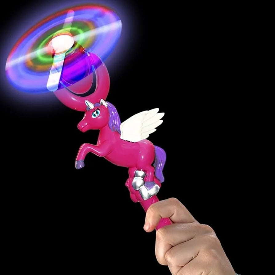 Bagheta cu elice rotativa, lumini LED si sunete, figurina unicorn roz 35 cm