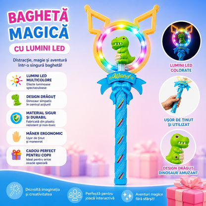 Baghetă magică albastra cu lumini, figurina Dinozaur , 42 cm – jucărie interactivă pentru copii