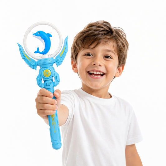 Baghetă magică cu lumini LED, delfin albastru 36 cm – jucărie copii cu efecte luminoase și sunete