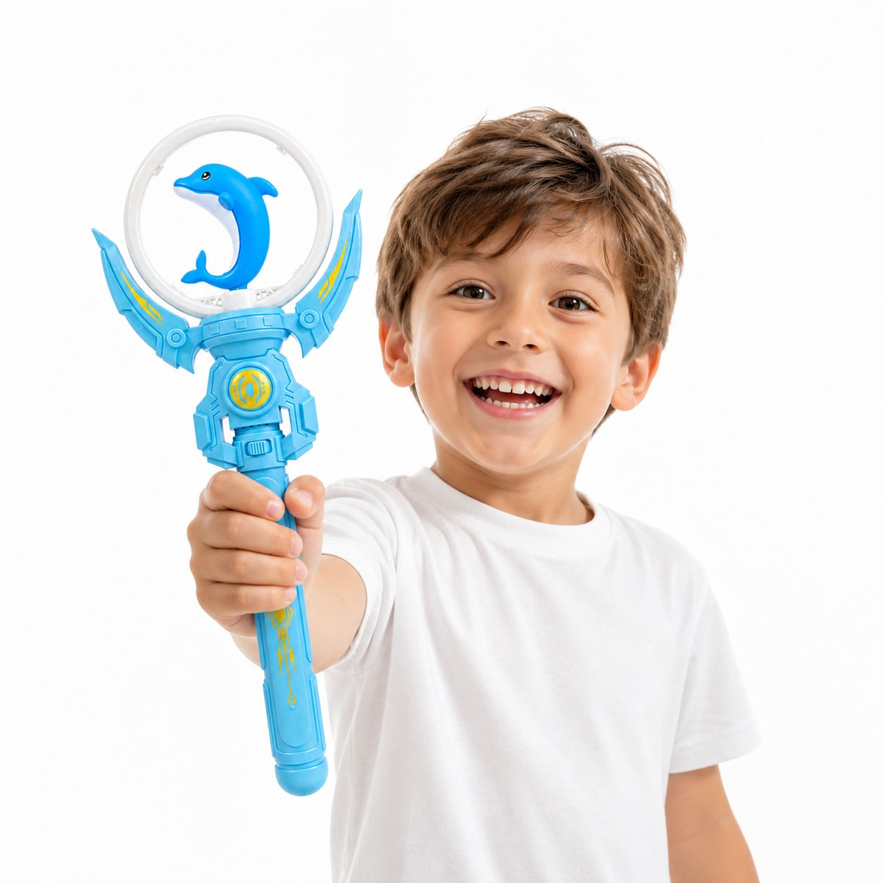 Baghetă magică cu lumini LED, delfin albastru 36 cm – jucărie copii cu efecte luminoase și sunete