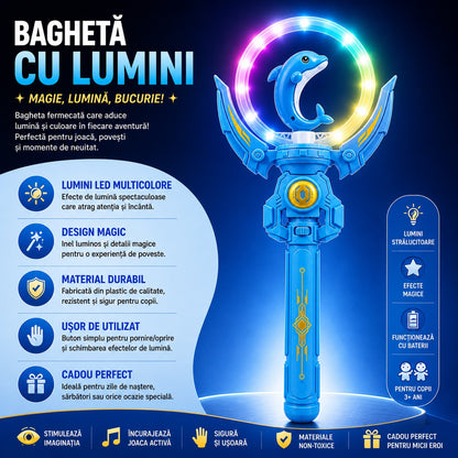 Baghetă magică cu lumini LED, delfin albastru 36 cm – jucărie copii cu efecte luminoase și sunete