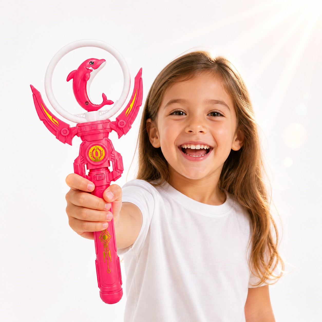 Baghetă magică cu lumini LED, delfin roz 36 cm – jucărie copii cu efecte luminoase multicolore