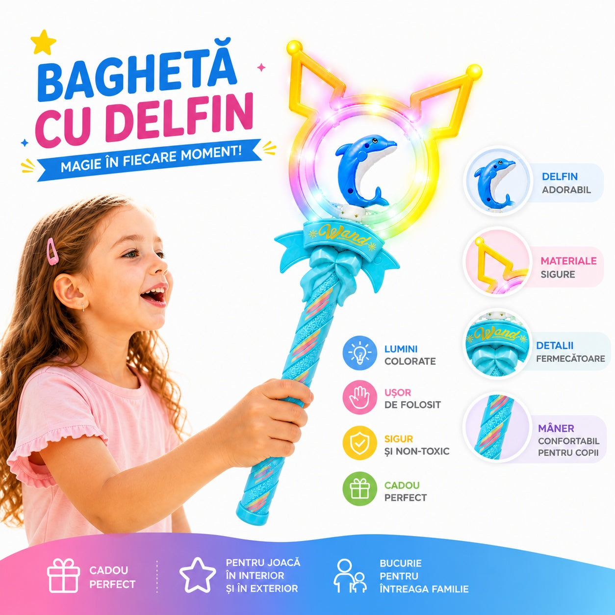 Baghetă magică cu lumini și delfin, albastru, 42 cm – jucărie copii cu efecte luminoase