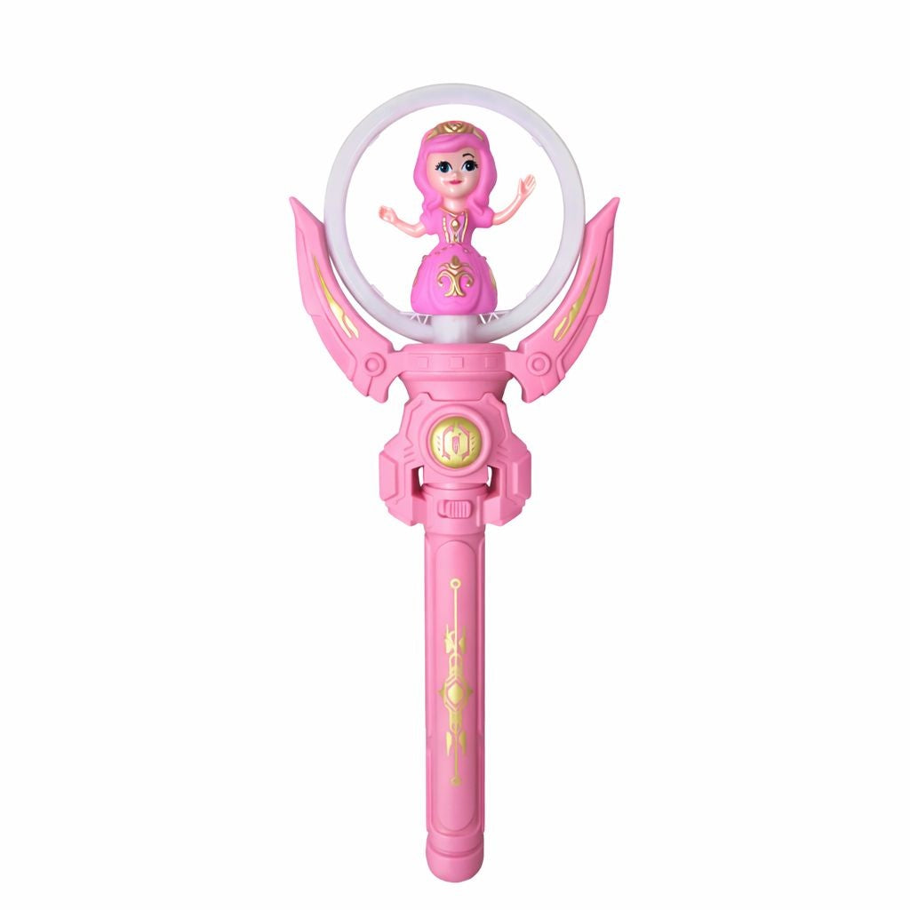Baghetă magică cu lumini și figurina prințesă, jucărie interactivă pentru copii, Roz, 36,5 cm