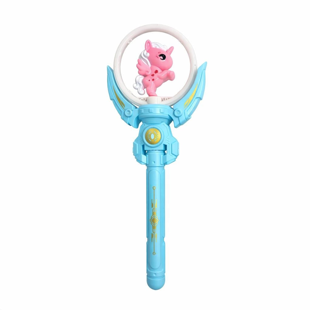 Bagheta magica interactiva pentru copii cu lumini si sunete, rotire, model ponei, albastru, 36 cm