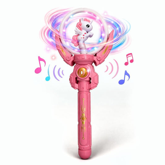 Bagheta magica interactiva pentru copii cu lumini si sunete, rotire, model ponei, roz, 36 cm