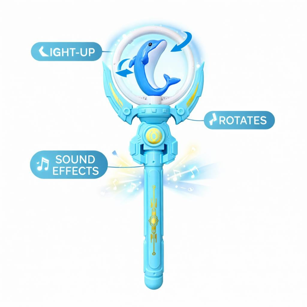 Bagheta magica interactiva pentru copii cu lumini si sunete, rotire, model delfin, albastru, 36 cm