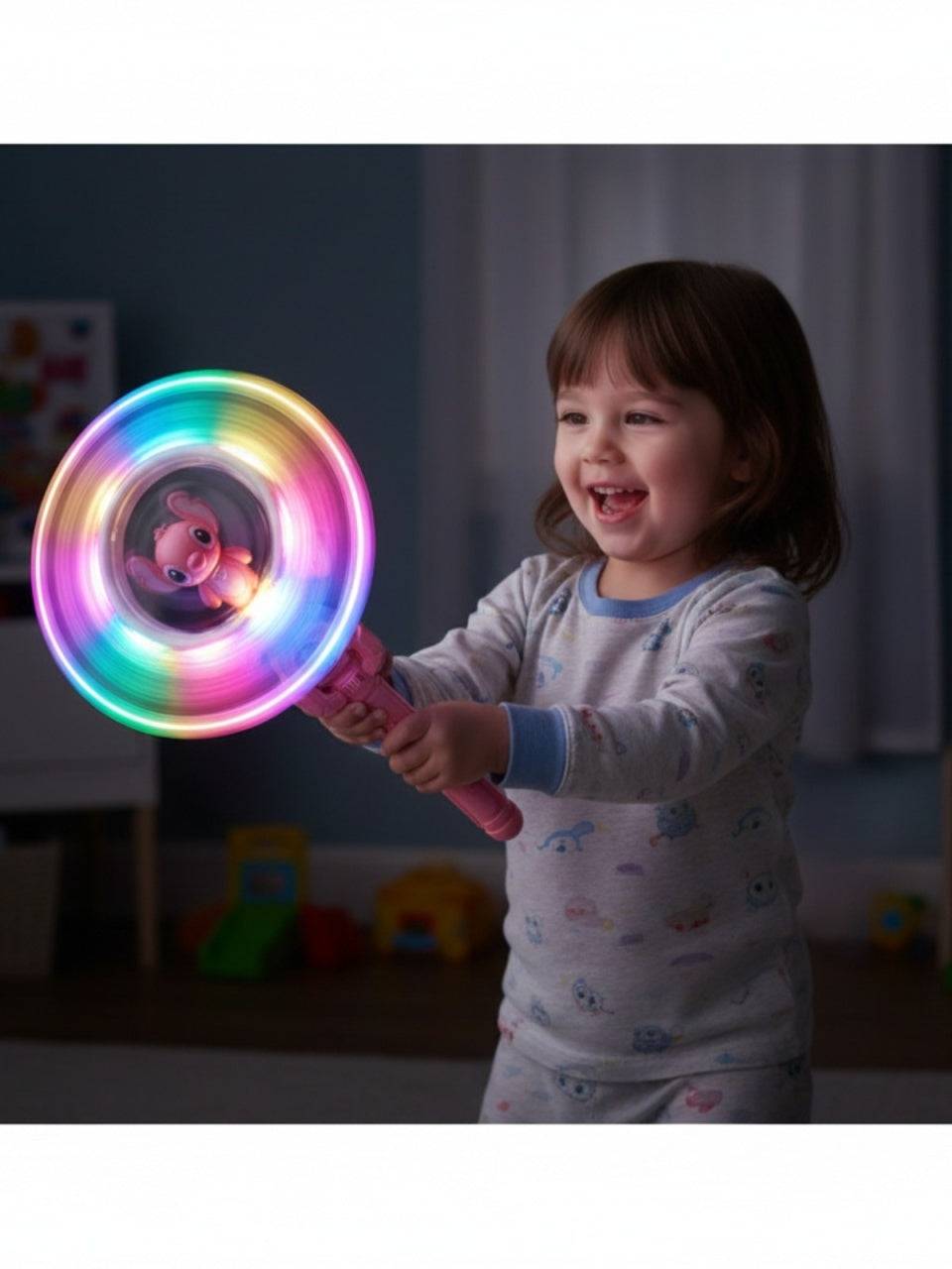 Bagheta magica muzicala cu lumini si figurina roz rotativa 35 cm