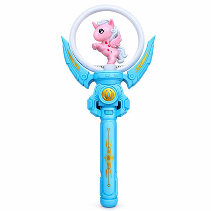 Baghetă magică pentru copii cu LED și unicorn, Albastru, din plastic durabil, 36,5 cm