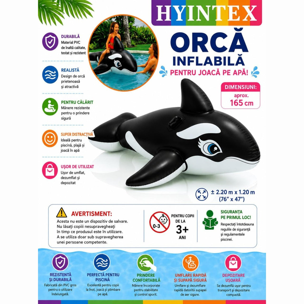 Balenă gonflabilă Ride-On Orca, 165 cm, pentru piscină și plajă