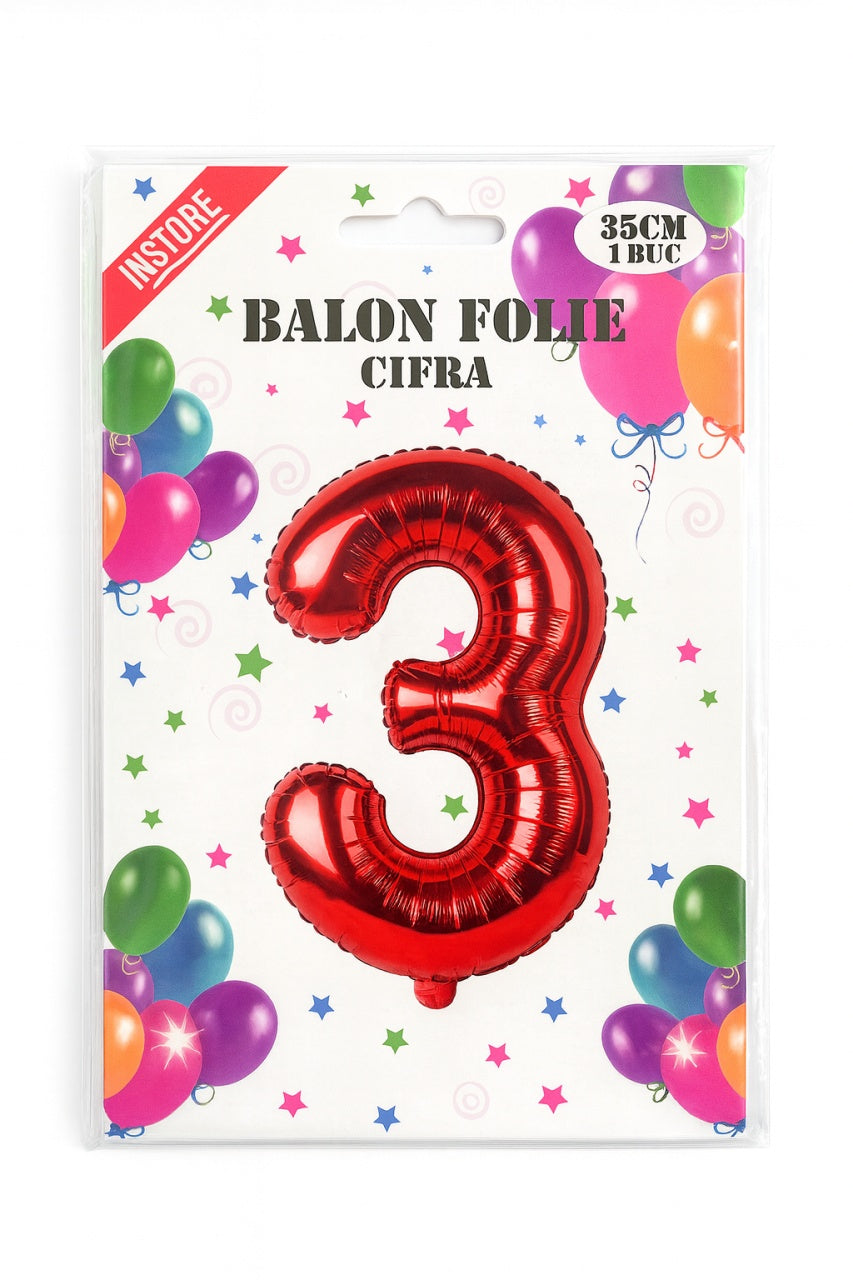 Balon folie cifra 3 rosu, 35 cm, pentru aniversari si decor, 1 buc