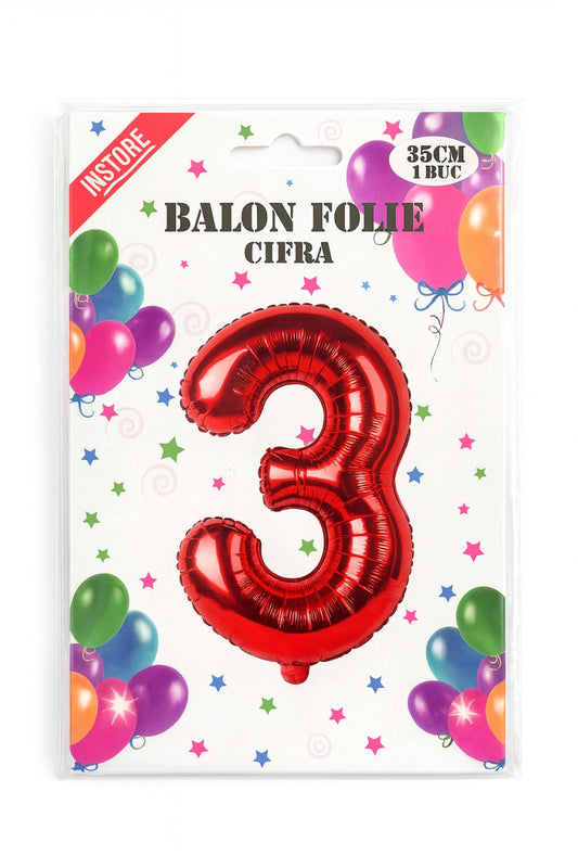 Balon folie cifra 3 rosu, 35 cm, pentru aniversari si decor, 1 buc