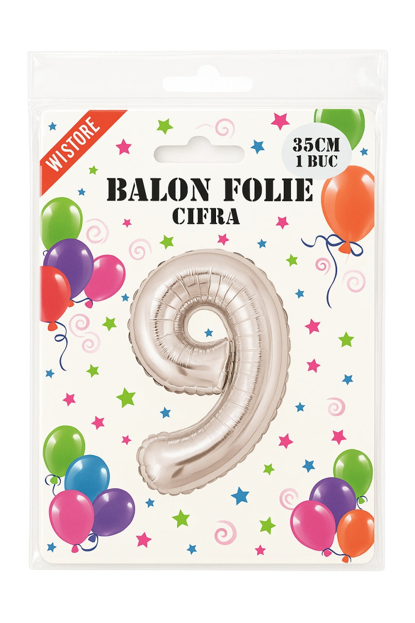 Balon folie cifra 9 argintiu, 35 cm, pentru aniversari si petreceri, 1 buc