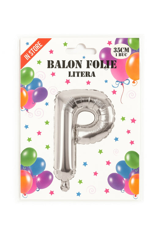 Balon folie litera P argintiu, 35 cm, decor aniversar si petreceri, 1 buc