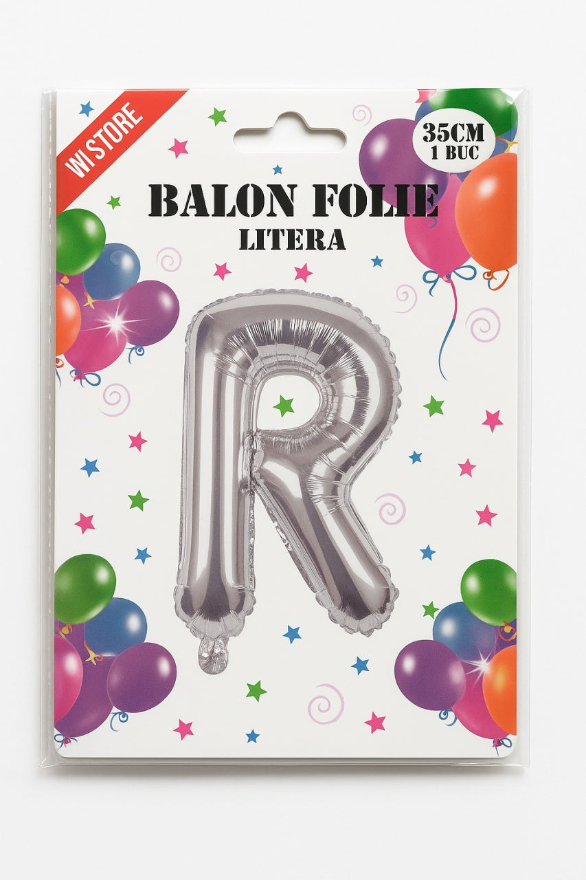 Balon folie litera R argintiu, 35 cm, decor aniversar si petreceri, 1 buc