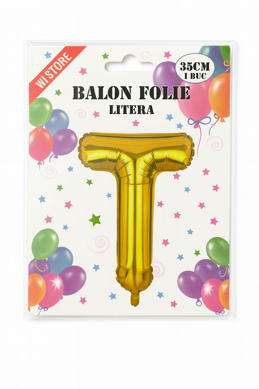 Balon folie litera T auriu, 35 cm, decor aniversar si petreceri, 1 buc