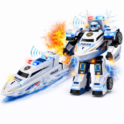 Barca politie 2 in 1 transformabila robot, lumini si sunet, jucarie copii 3+