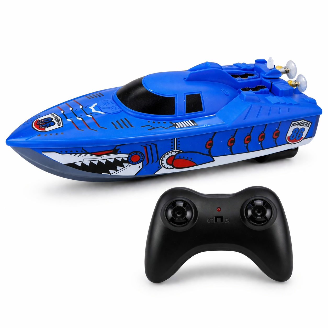 Barca telecomandata RC model rechin 27MHz cu telecomanda, viteza mare, 23x30 cm, design sport albastru