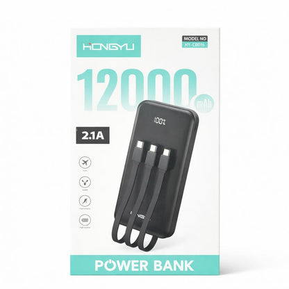 Baterie externă Hongyu 12000 mAh cu cabluri integrate și display LED, încărcare rapidă 2.1A, negru