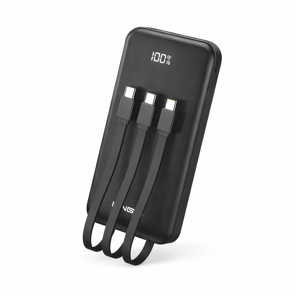 Baterie externă Hongyu 12000 mAh cu cabluri integrate și display LED, încărcare rapidă 2.1A, negru