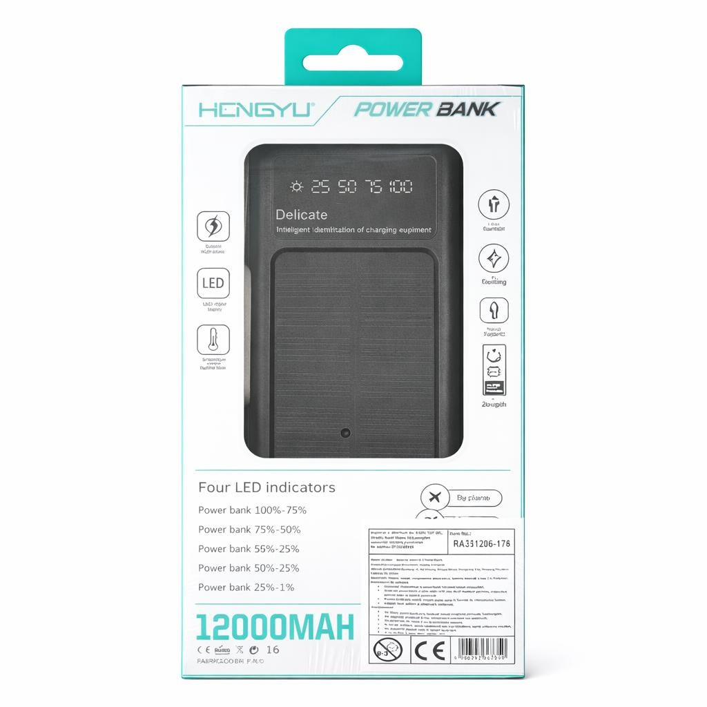 Baterie externa Hongyu HY-53 12000 mAh cu panou solar, cabluri integrate 4-în-1, încărcare rapidă 66W, display LED