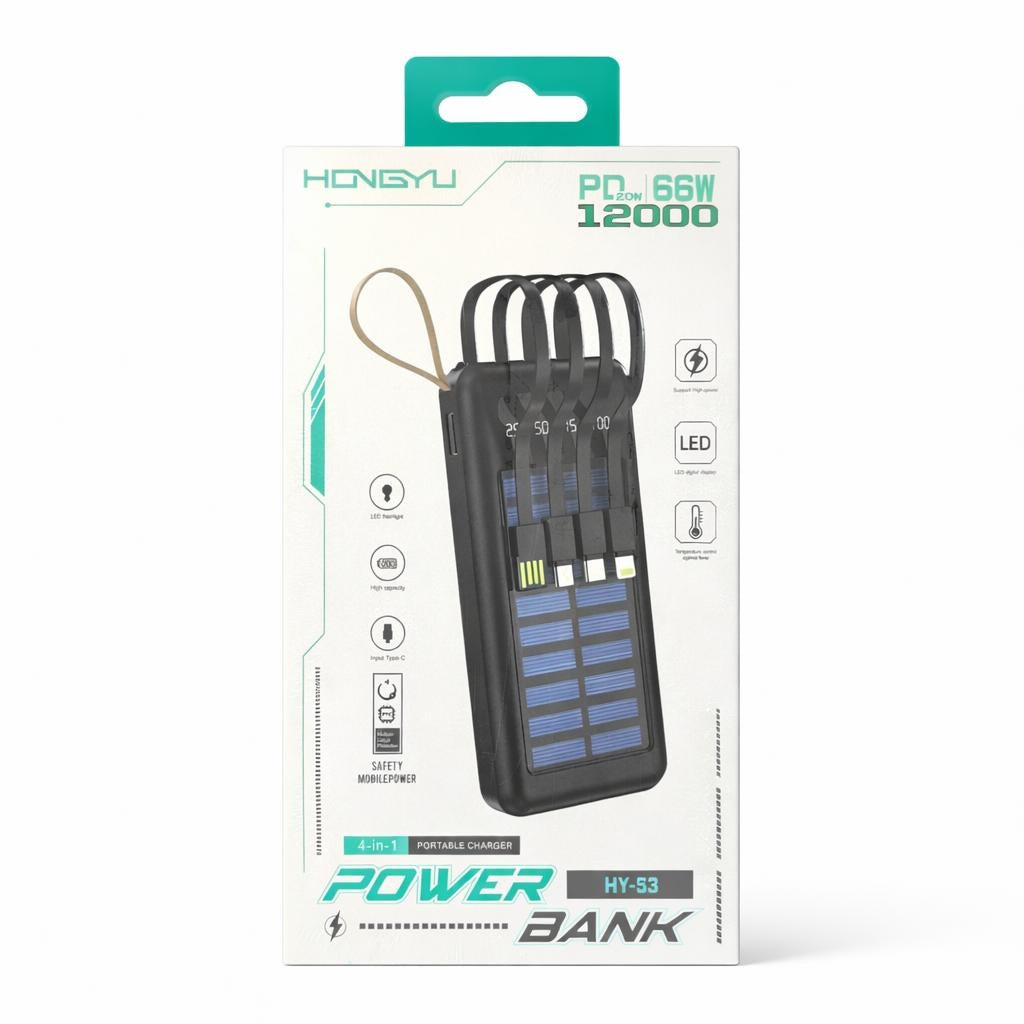 Baterie externa Hongyu HY-53 12000 mAh cu panou solar, cabluri integrate 4-în-1, încărcare rapidă 66W, display LED