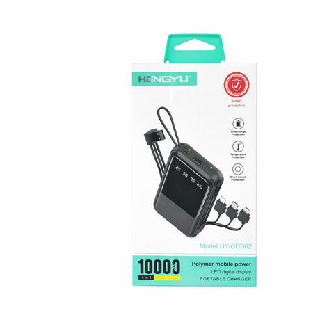 Baterie externa HY-CDB02 10000 mAh cu cabluri integrate 4-în-1 și display LED digital, negru
