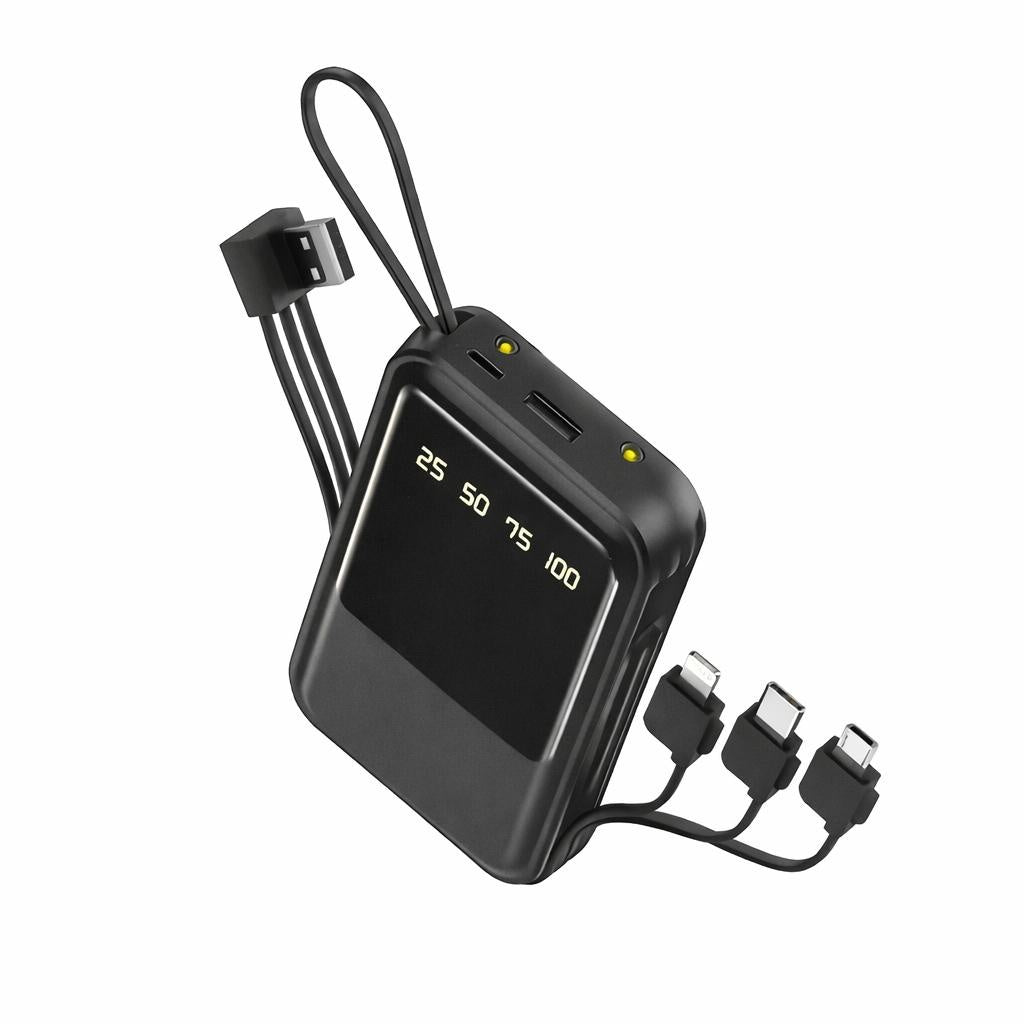 Baterie externa HY-CDB02 10000 mAh cu cabluri integrate 4-în-1 și display LED digital, negru