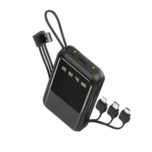 Baterie externa HY-CDB02 10000 mAh cu cabluri integrate 4-în-1 și display LED digital, negru
