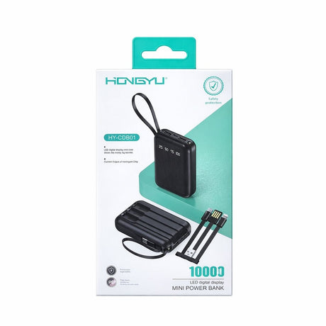 Baterie externă mini Hongyu 10000 mAh cu display LED, cabluri integrate și încărcare rapidă
