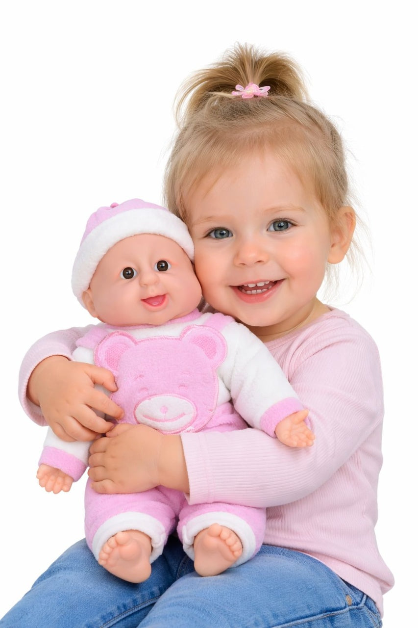 Bebelus adorabil interactiv 45 cm, rade, costum roz cu ursulet, +3 ani