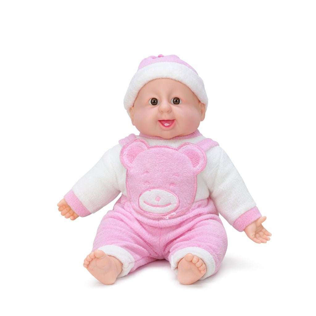 Bebelus adorabil interactiv 45 cm, rade, costum roz cu ursulet, +3 ani