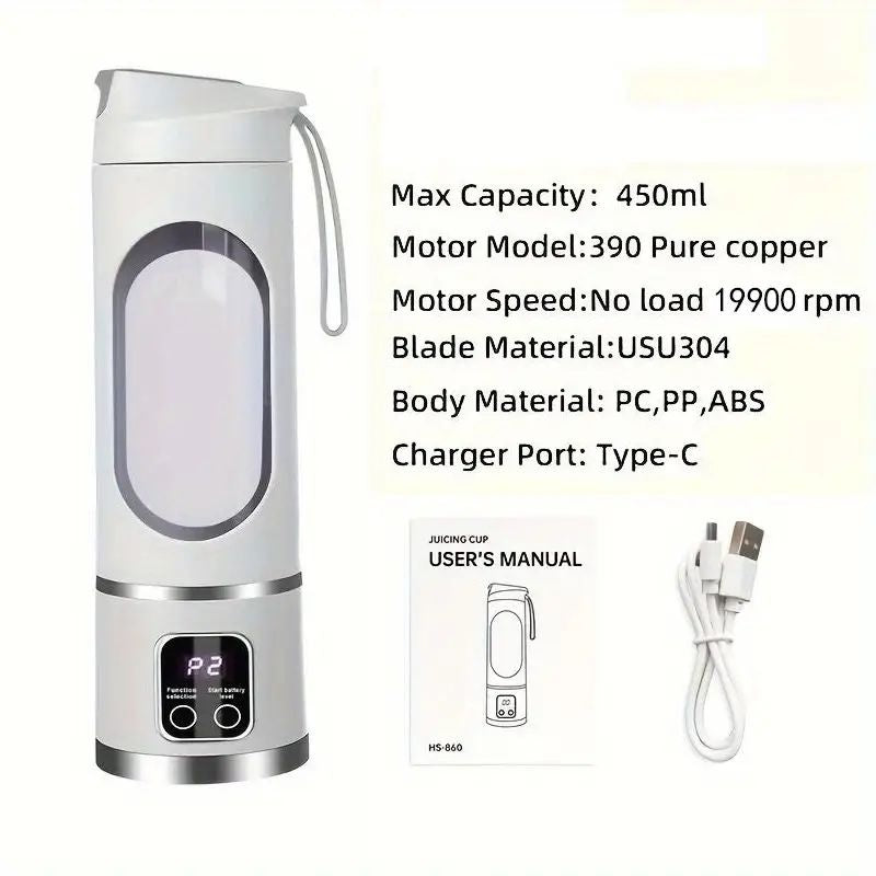 Blender portabil electric 450ml pentru smoothie si shake, reincarcabil USB Type-C, alb