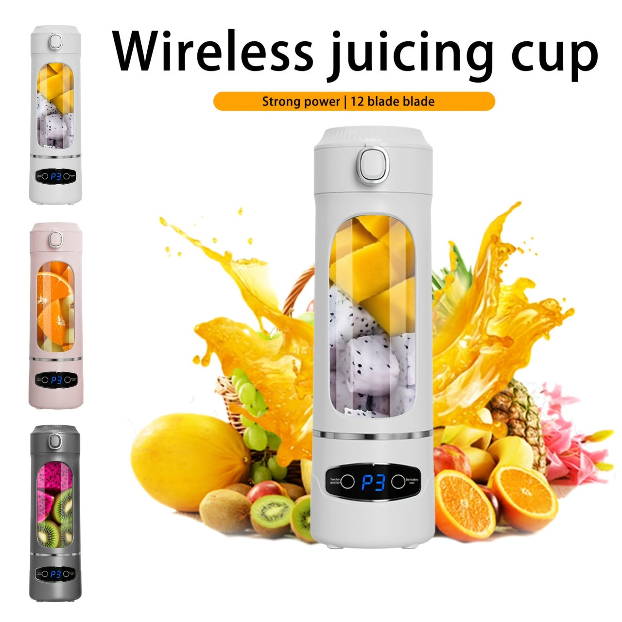 Blender portabil USB pentru smoothie 600ml, 12 lame inox, afisaj digital, alb