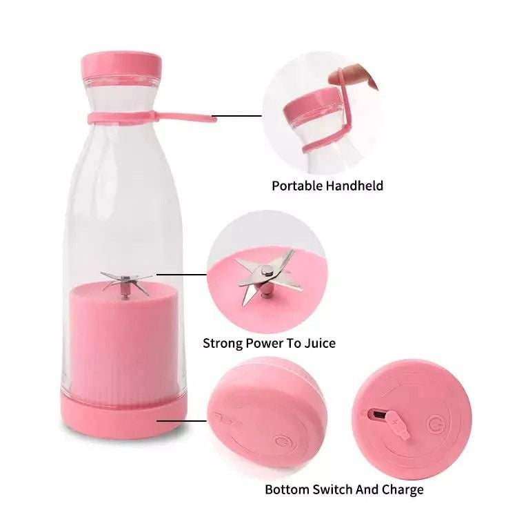 Blender portabil USB pentru smoothie si sucuri, mini mixer reincarcabil 420 ml roz