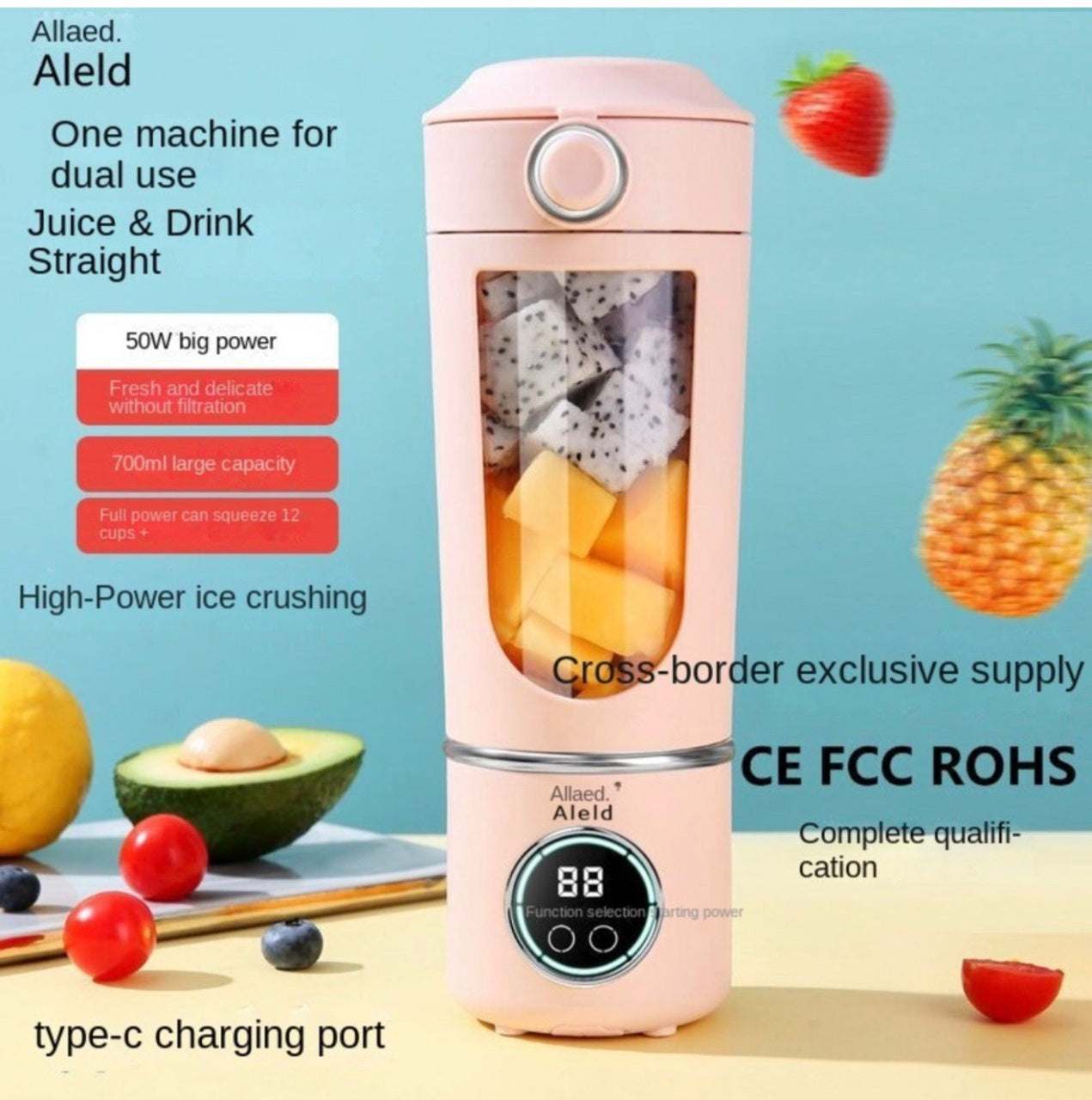 Blender portabil wireless 700ml cu 12 lame, 4 viteze si incarcare USB Type-C, mov